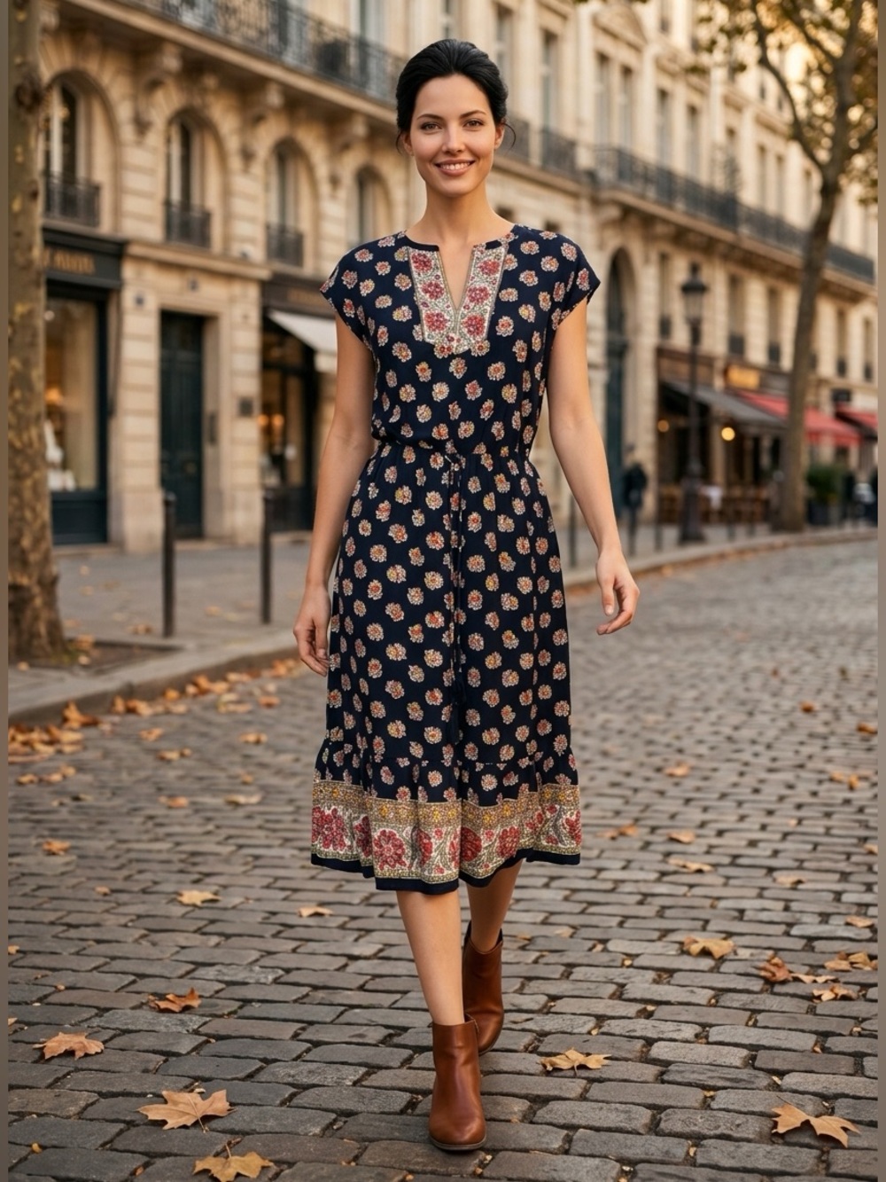 Loft - Autumn Ready Boho Floral Midi Dress in Navy with Embroidered Neckline
